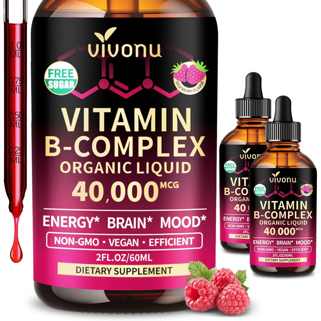 VivoNu 2 Bottle - B Complex Vitamin Liquid Drops, Vitamin B12 (6000 mcg), B6 B1, B2, B3, B5, and Methylfolate Support Energy, Raspberry Flavor, Natural Ingredient, Non GMO
