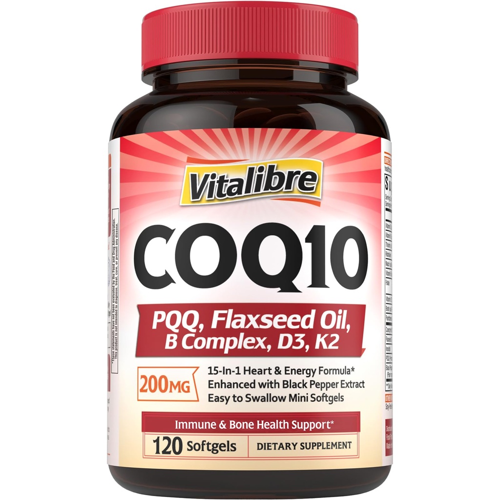 Vitalibre CoQ10 200mg, Ubiquinone with PQQ, Folate, Niacin, K2, D3, Black Pepper, High Absorption, Powerful Antioxidant, Energy Booster, Immune & Bone Support, 120 Easy to Swallow Softgels