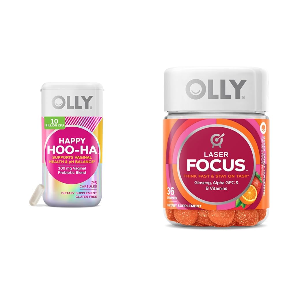 OLLY Probiotic for Women Vaginal Health Capsules and Focus Gummy with Ginseng and Vitamins Bundle - 25 Count and 36 Count