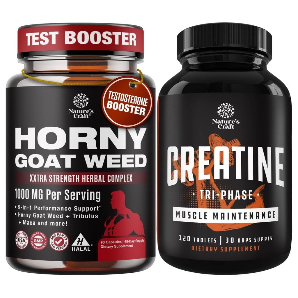 Bundle of Horny Goat Weed with Black Maca Root, Tongkat Ali, Saw Palmetto & Panax Ginseng Extract for Stamina and High Strength Tri Phase Creatine Tablets - 300mg HCL & Pyruvate - Muscle Mass Gain