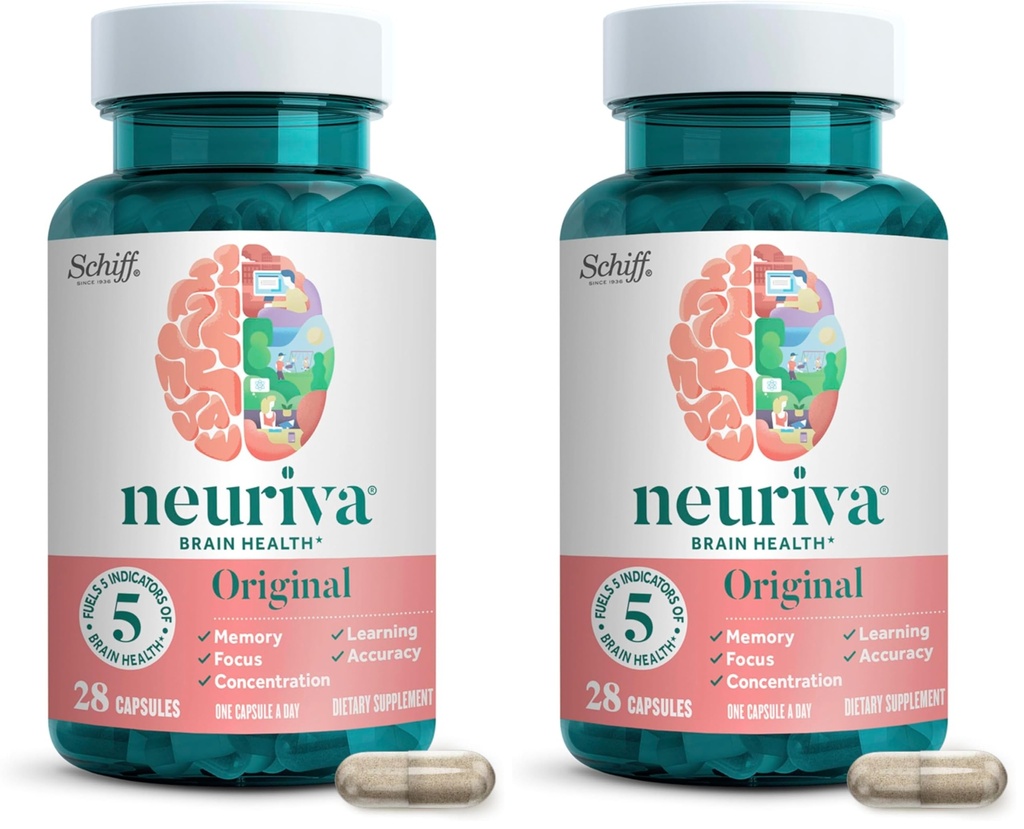 NEURIVA Original Decaffeinated Clinically Tested Nootropic Brain Supplement for Memory,Focus & Concentration,NeuroFactor & Phosphatidylserine,28ct Capsules,(Pack of 2)