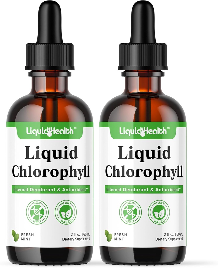 LIQUIDHEALTH Šķidrie hlorofila pilieni - iekšējais dezodorators, antioksidanti, aknu detokss, imūns atbalsts, relieve slikta elpošana, samazināt apetīti, kolagēns matu un ādas veselībai - Vegan, ne-GMO (2 iepakojums)