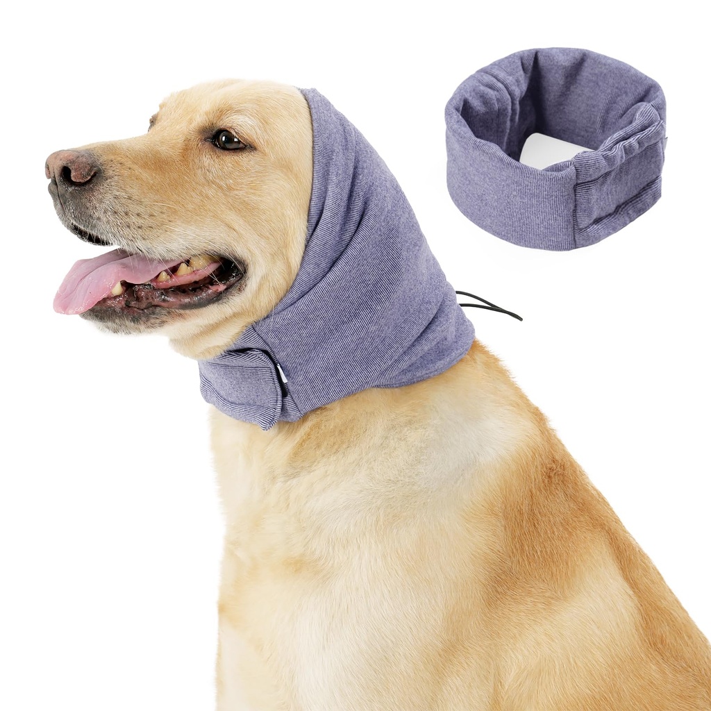 Quiet Ears for Dogs - Adjustable Ear Covers for Noise, No Shake Dog Head Wrap, Dog Calming Hood for Thunder, Lightning, Fireworks, Vet Visits, Polyester and Stretch Cotton Blend, Purple, Large