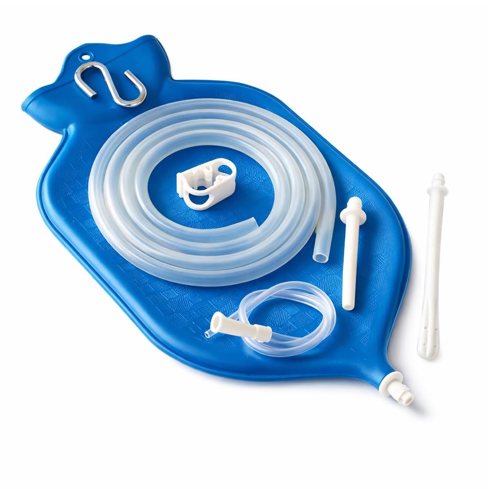 HealthAndYoga™ NaturoFloPlus Enema Bag Kit - 4 Quart for Deep Enemas - Open Fountain Top for Easy Cleaning and Hygiene - Fleet Enema, Coffee Enema and Anal Douche - Blue