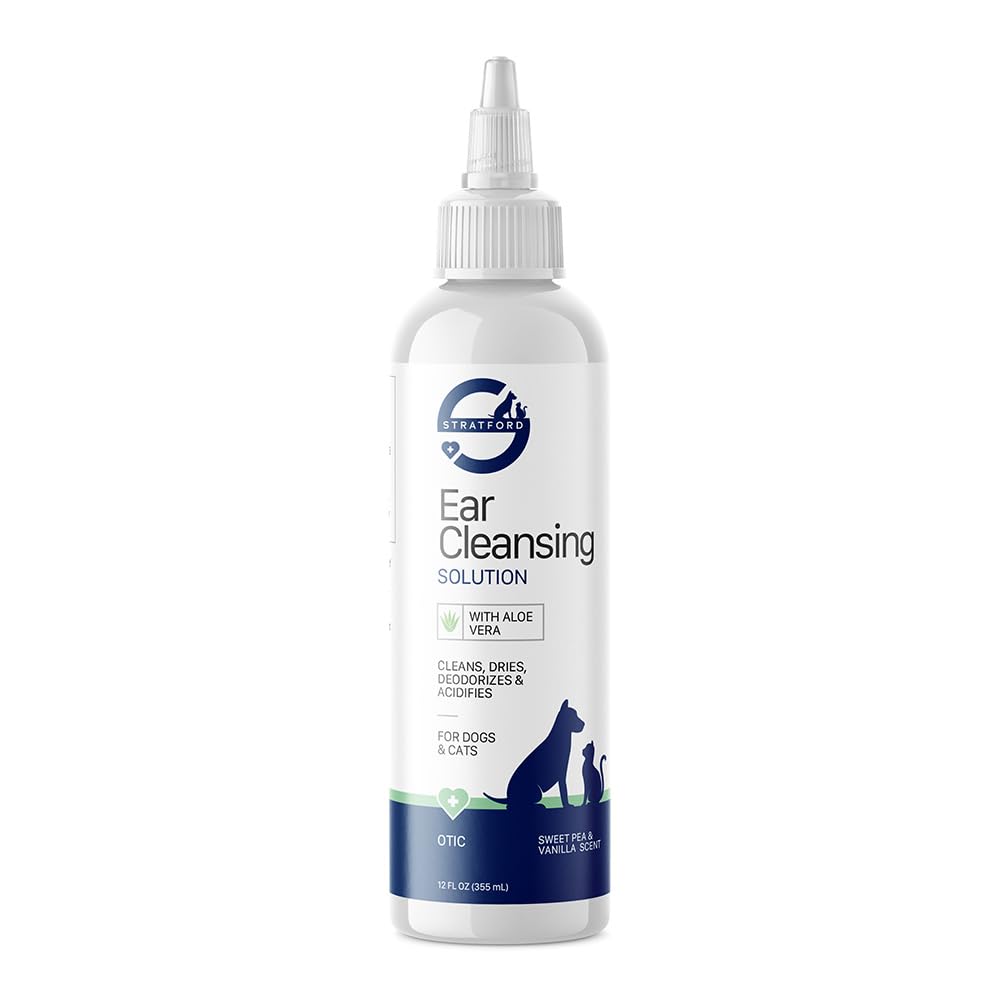 Stratford Pharmaceuticals Ear Cleaner & Drying Solution for Dogs & Cats w/Aloe Vera to Wash Debris, Wax, Odor & Irritation Relief, Sweat Pea Vanilla Scent, 12 oz