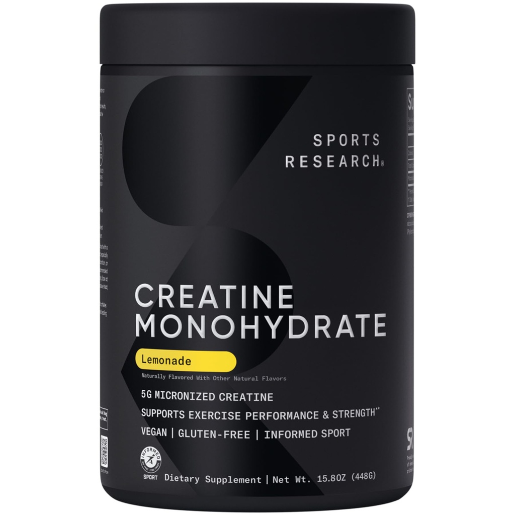 Sports Research® Creatine Monohydrate - Gain Lean Muscle, Improve Performance and Strength and Support Workout Recovery* - 5 g Micronized Creatine, Lemonade - 25 Servings