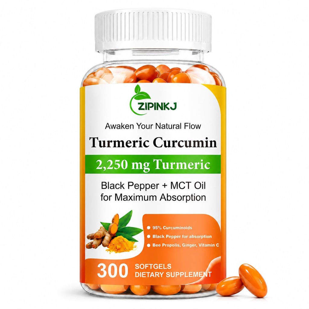 Turmeric Curcumin 2250mg with Black Pepper & Ginger - 95% Curcuminoids Turmeric Complex Supplement, High Absorption, Non-GMO, 300 Softgels