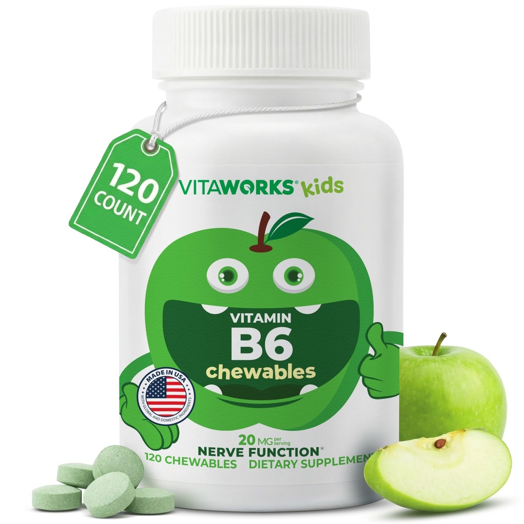 VitaWorks Vitamin B6 for Kids Chewable Tablets, 20mg Pyridoxine HCl, Green Apple Flavor, Vegan, Gluten Free, Non-GMO, Supports Nerve Function, 120 Chewables