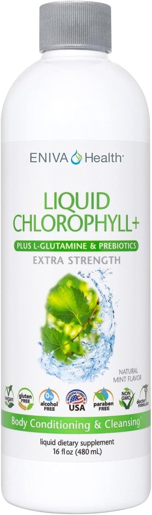 Eniva Health Liquid Chlorophyll Super Greens - 24K MG ar prebiotiku un L-glutamīnu -- Flavor piparmētru - ādas, imunitātes, enerģijas, detoksa, Gut Health -- Vegānu, glutēnu un bezalkohola -- 48 Kalpojumi - ASV Ražots