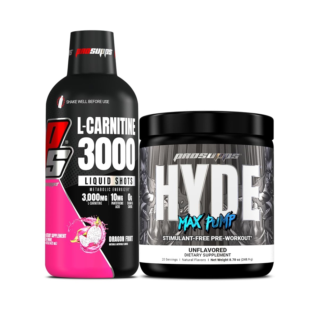 ProSupps L-Carnitine 3000 & Hyde Max Pump Bundle for Men and Women | Stimulant Free Liquid Shots (Dragon Fruit) & Pre Workout (Unflavored)
