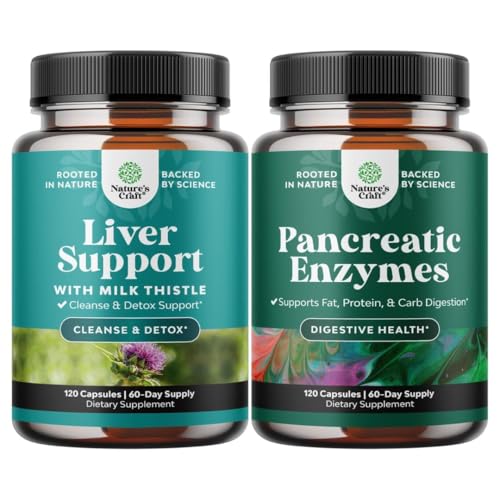 Bundle of Liver Cleanse Detox & Repair with Milk Thistle Dandelion Root Choline Beetroot & Artichoke Extract and Pancreatin Digestive Enzymes for Digestive Health - Protease Amylase & Lipase Digestion