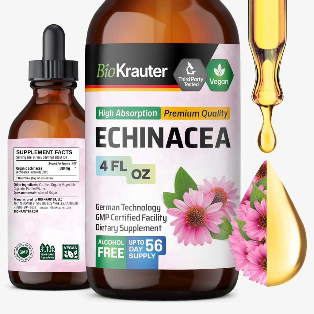 BIO KRAUTER Echinacea Drops - Dabīgs Imūnsupports - Echinacea Tincture Papildinājums - Vegan, Alkohola un bezcukura pilieni - 4 Fl.Oz.
