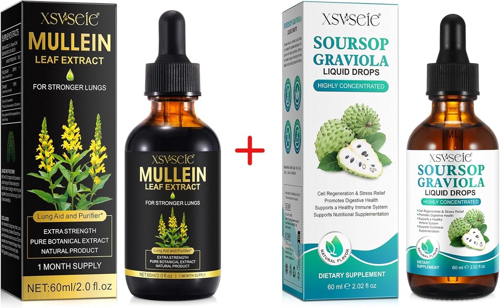 Mullein pilieni Lungs Cleans un Sorsop Bitters Šķidrums,Mullein Leaf ekstrakts Tinktūra ar hlorofilu,Soursop Multivitamīnu pilieni,Natural Herbal papildinājums vīriešiem un sievietēm