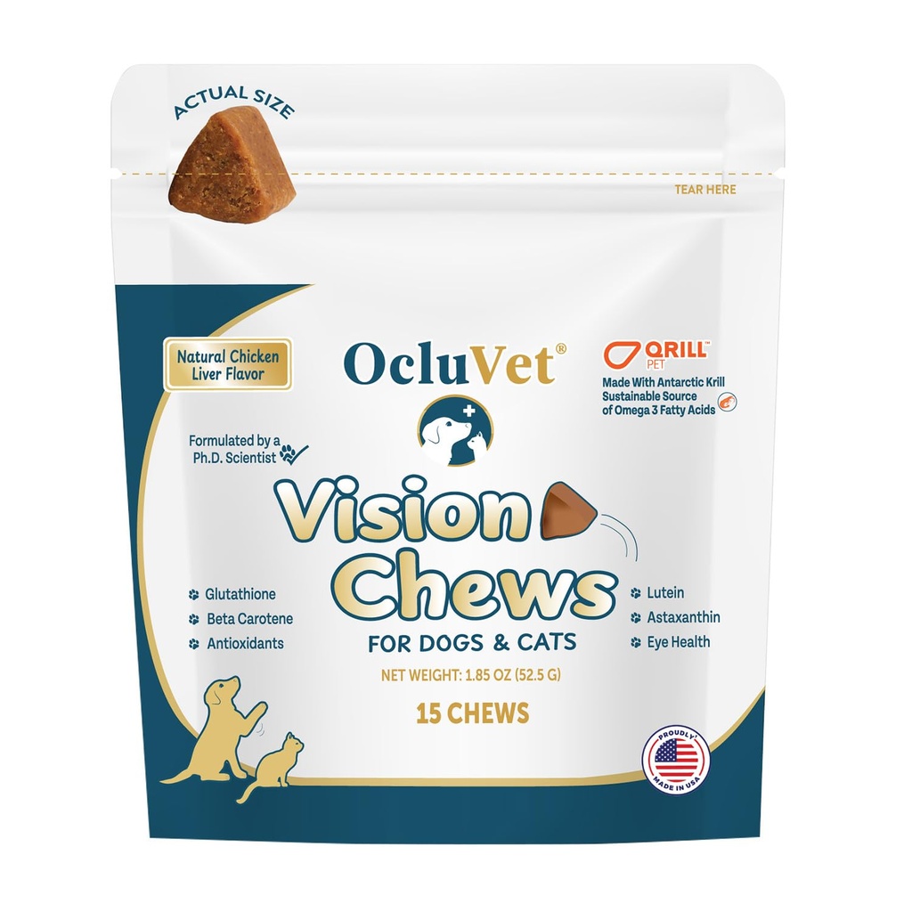 OcluVet Vision Chews Eye Supplements for Dogs & Cats, Natural Chicken Flavor, Contains Omega 3, Lutein, Antioxidants, & More, Cat & Dog Eye Supplements, No Preservatives, Made in USA, 1 Bag, 15 Chews