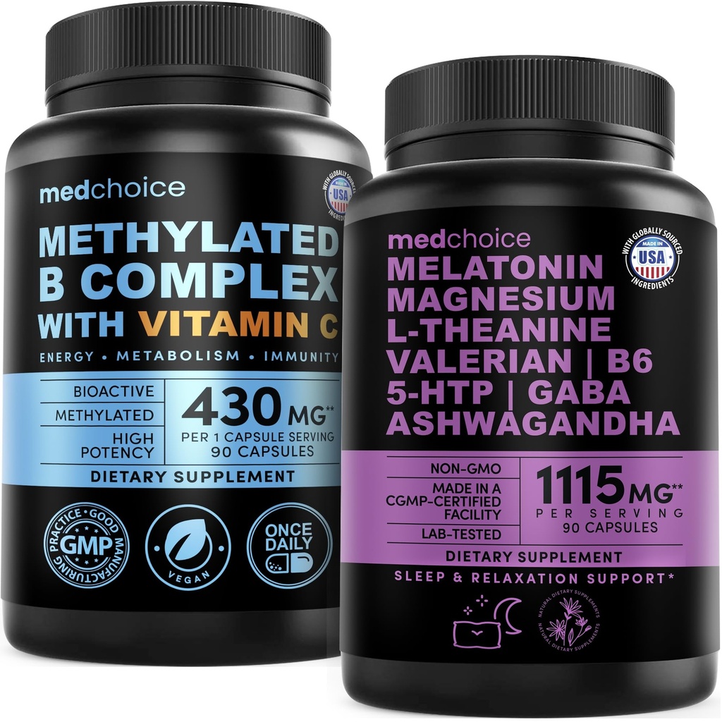 MEDCHOICE Methyl B Complex Capsules and Melatonin 90 Count - High Potency B Vitamin Supplement and Nightly Sleep Support for Daily Wellness and Restful Evenings