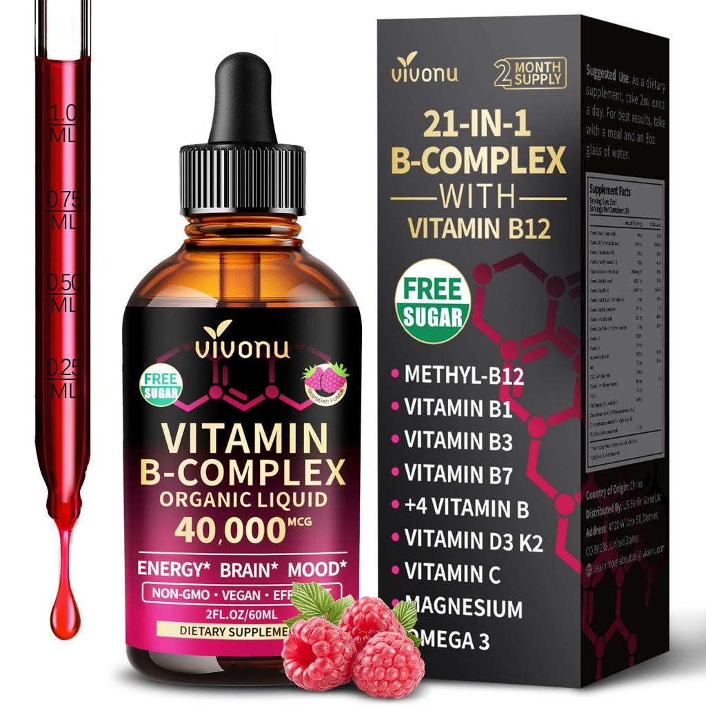 VivoNu Vitamin B Complex Liquid Drops, Vitamin B12 (6000mcg), B6 B1, B2, B3, B5, and Methylfolate Support Energy, Raspberry Flavor, Natural Ingredient, Non GMO, All B Complex Vitamin Supplements