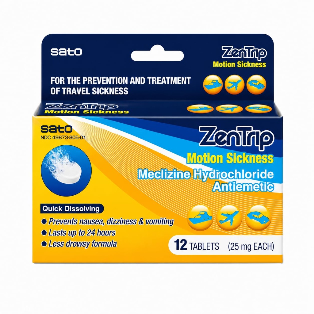 Sato ZenTrip Motion Sickness Tablets, Meclizine HCl 25mg, Fast-Dissolving Travel Sickness Relief for Nausea, Vomiting & Dizziness, Citrus Flavor, Made in Japan, 12 Tablets Total, Pack of 1 Box