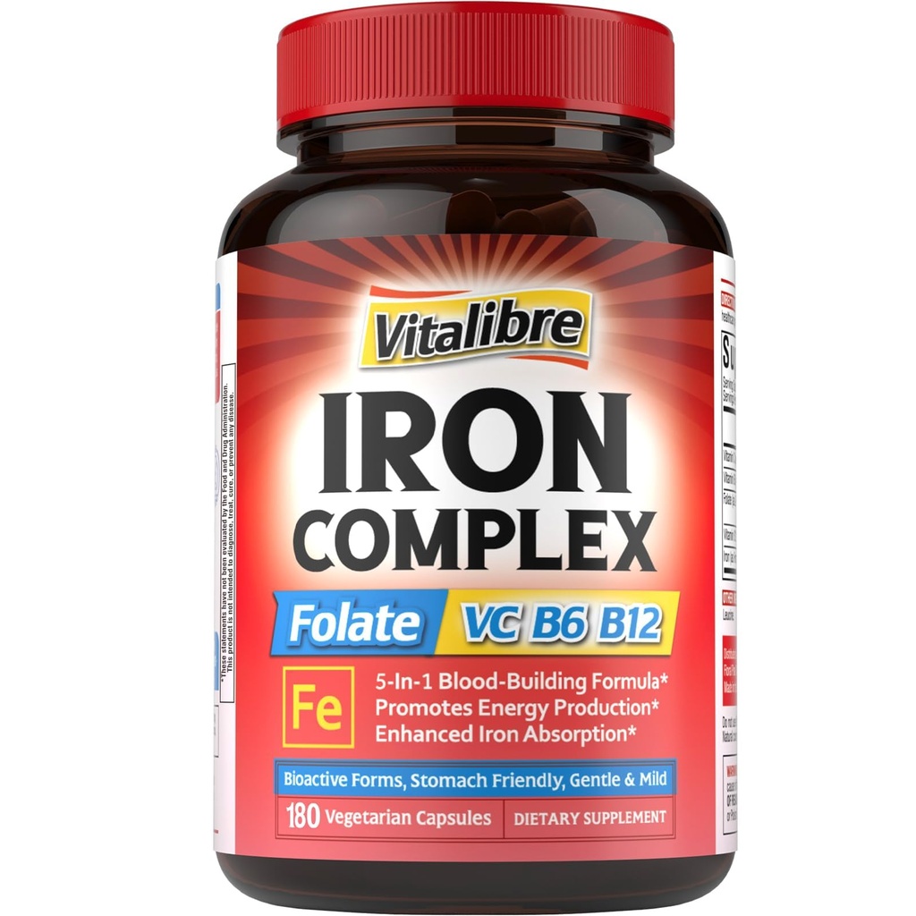Iron Supplement for Women & Men, with Vitamins C, B6, B12 & Folate for Iron Deficiency, Blood Building & Energy Support, Stomach Friendly, Better Absorption, Non-GMO, No Gluten, 180 Vegan Caps