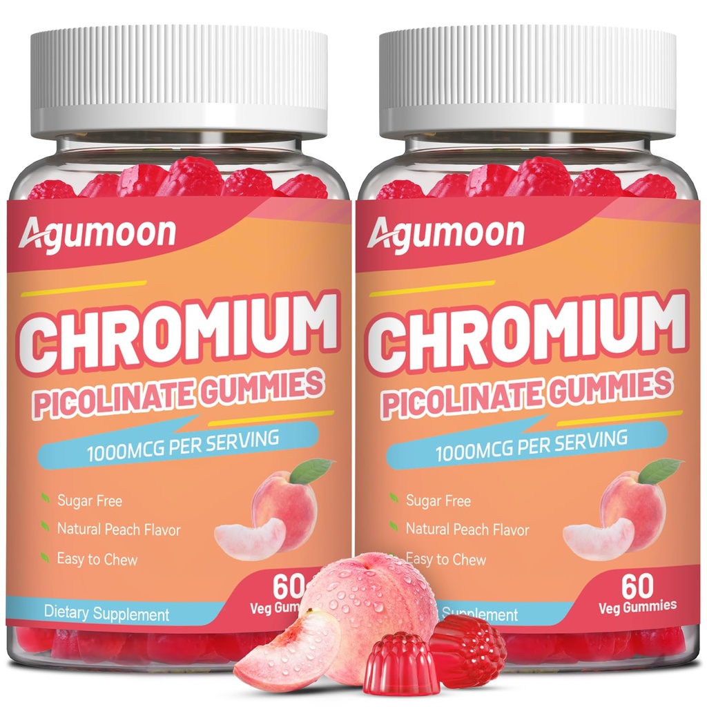 2 Pack Chromium Picolinate Gummies 1000 mcg, Vegan, Gluten-Free, Peach Flavor, 120 Vegan Gummies