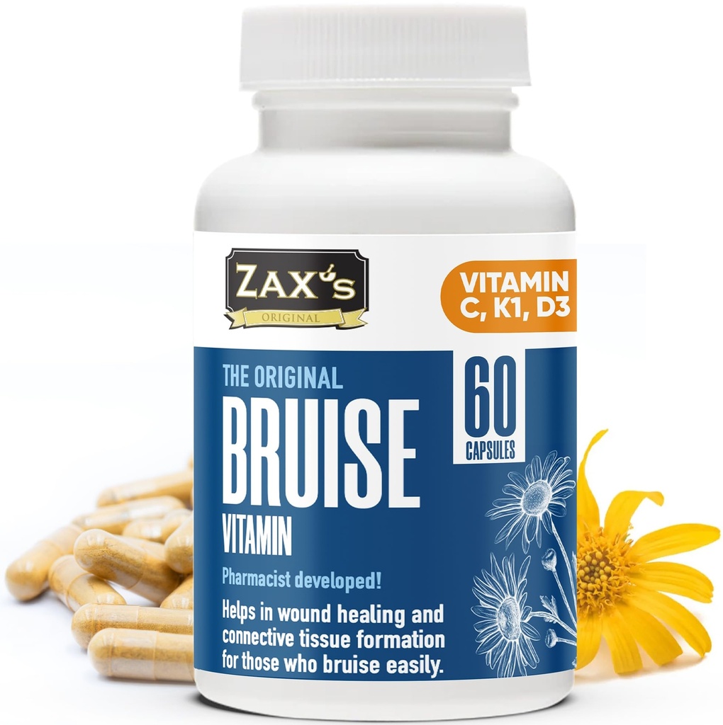 ZAX'S Bruise Vitamīnu aptieka Izstrādāts Bruizinga piedevas Spēcīgi Bruizinga Pietūkums Reduktors, Cinks, Vitamīns K, D3, Askorbīnskābe, Citrus Bioflavonoids, 60 Caps, Apvienot Arnica Bruise Cream