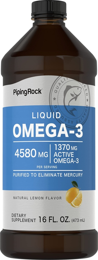 Piping rock Omega 3 Zivju eļļa Šķidrums Papildinājums - 16 Fl Oz - bez dzīvsudraba -- citrona Flavor - 1370 mg Active Omega 3 - vīriešiem un sievietēm -- Ne-GMO, bez lipekļa