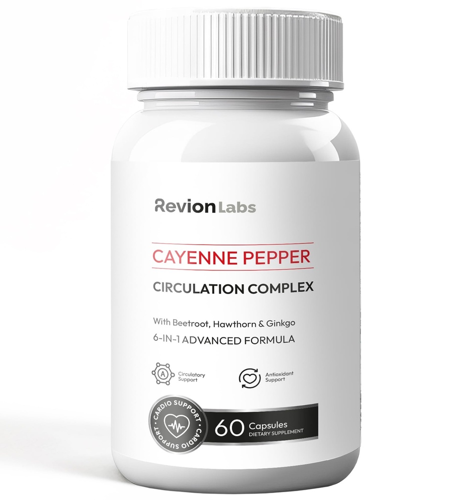 RevionLabs Cayenne Pepper Capsules Supplement - 6 in 1 Capsaicin Pills Supplements with Beet Root Hawthorn Ginkgo Biloba Vitamin D3 K2 - Cayenne Peppers Extract Complex Circulation Antioxidant Support