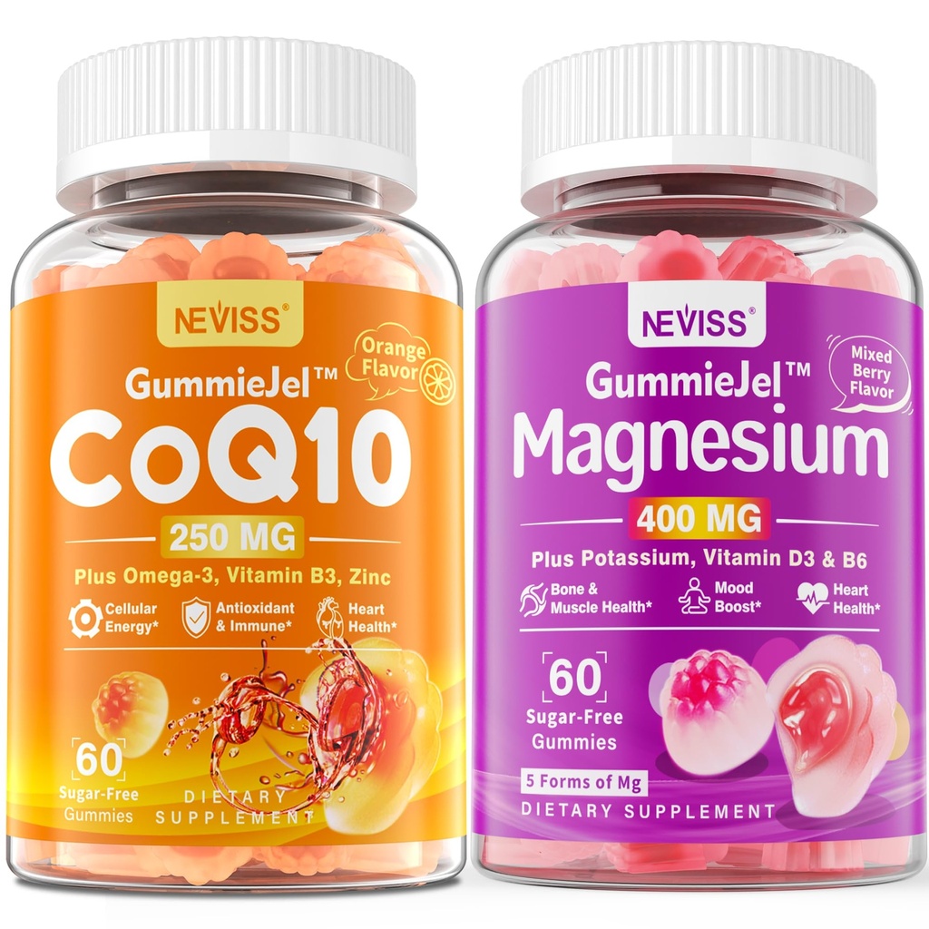 NEVISS Sugar Free CoQ10-250mg Filled Gummies + 5 Types of Magnesium 400mg, Sugar Free Magnesium Filled Gummies for Adults, 60 Counts