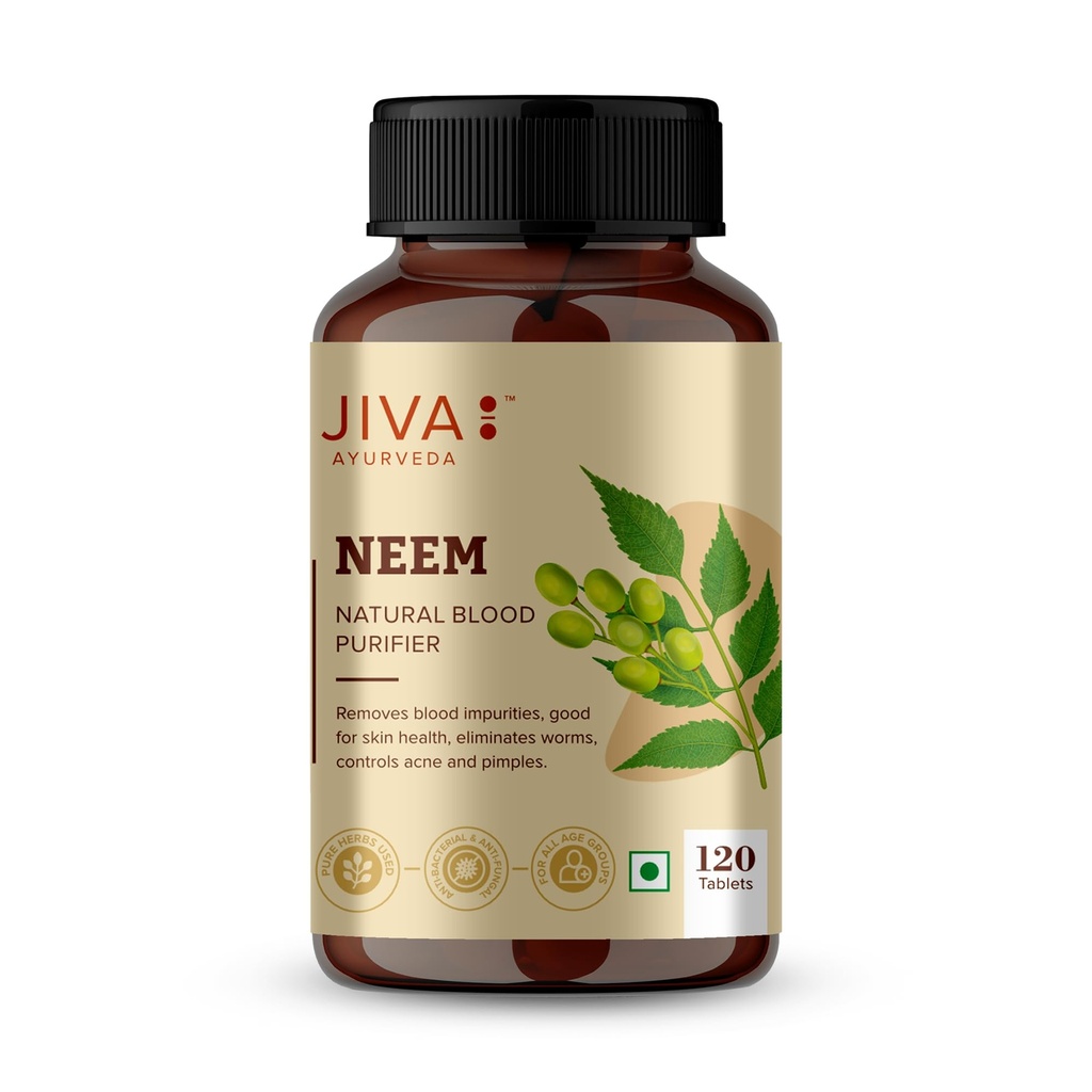 Jiva Ayurvedic Neem Tablet (120 Tablets) | Blood Purifier Tablets for Skin Glow | Helps with Acne, Pimples & Skin Disorders | Natural Detox & Immunity Booster | Herbal Skin Care Supplement – Pack of 1