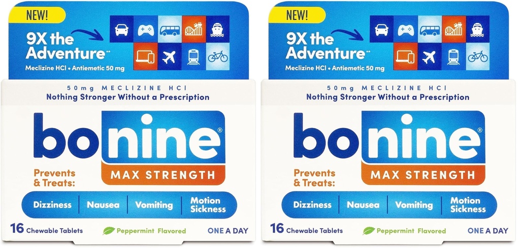Bonine MAX Chewable for Motion Sickness Relief - with Meclizine HCL 50mg - Max Strength Formula to Treat Nausea or Motion Sickness - Cruise Essentials - Peppermint - 16 Chewable Tablets (Pack of 2)