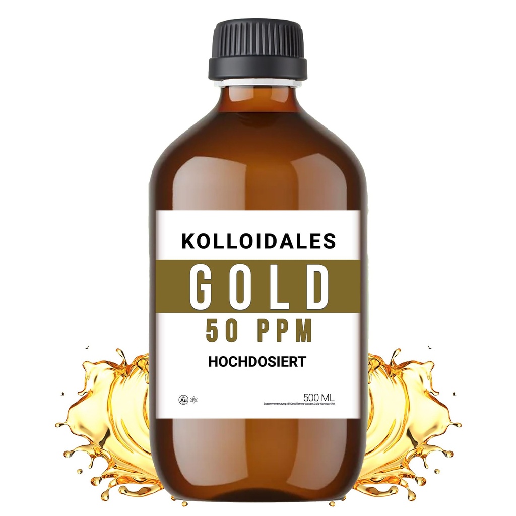Koloidāls zelta šķīdums, 50 PPM, 500ml, augsta tīrības pakāpe 99,99%