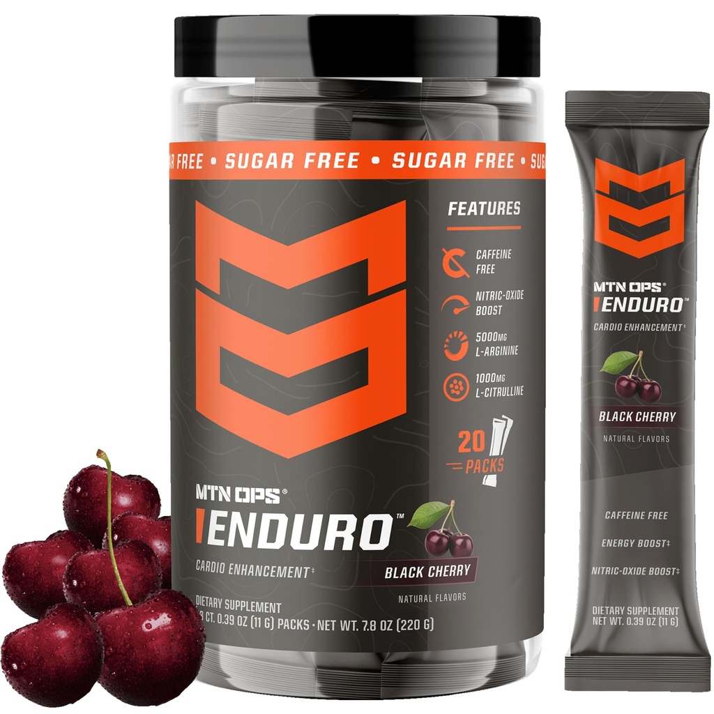 MTN OPS Enduro Stim-Free Pump Pre Workout Trail Packs, Black Cherry | Stim-Free Pump Formula, Nitric Oxide Support, L-Citrulline & L-Arginine, Caffeine Free