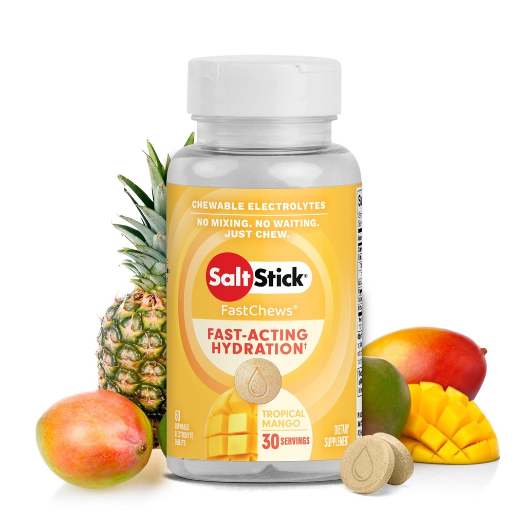 SaltStick Electrolyte FastChews - 60 Tropical Mango Chewable Electrolytes - Sāls tabletes skriešanai un hidrācijai, Electrolyte Chews - 60 Skaits