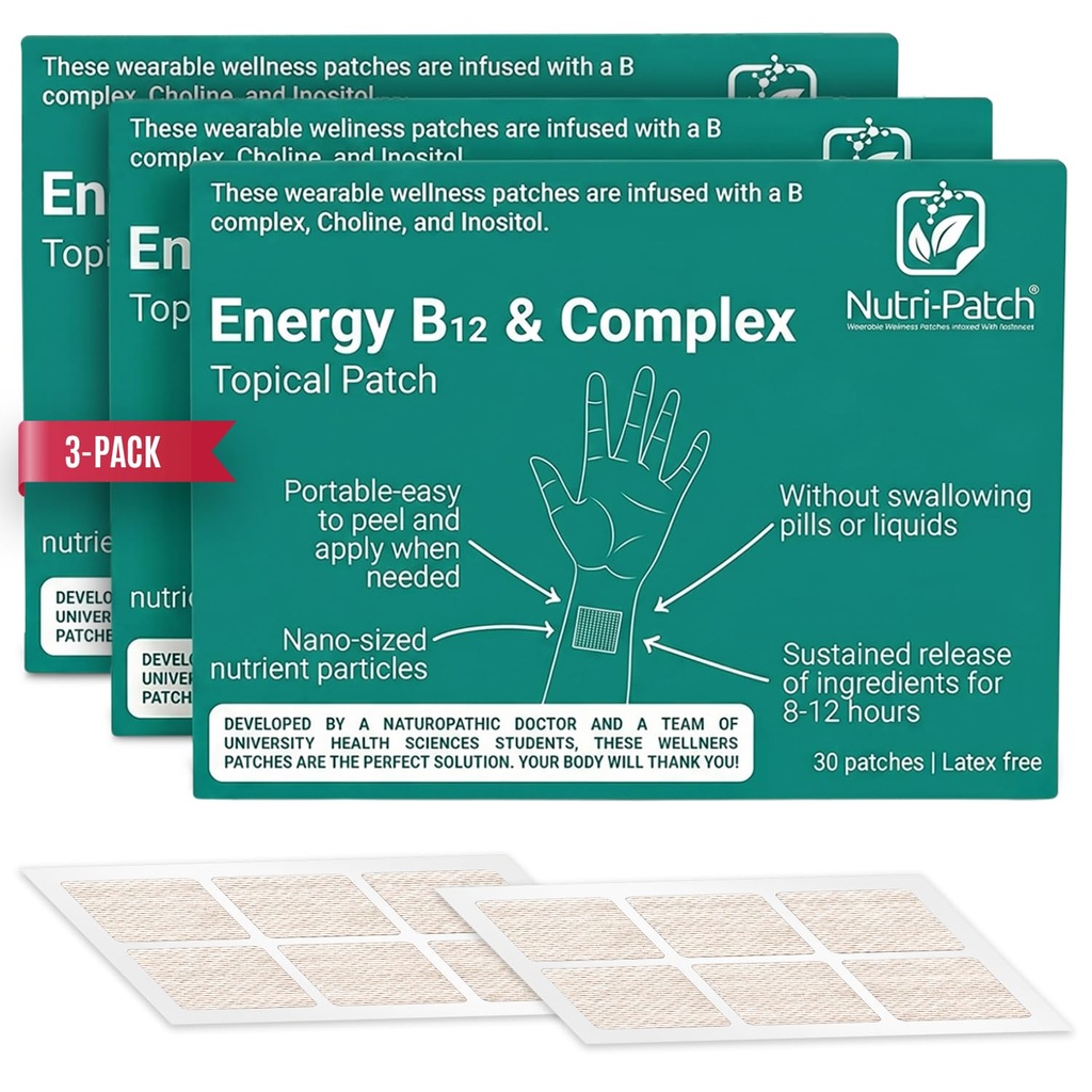 NUTRI-PATCH Energy B12 & B Complex Body Skin Patches, 3-Pack (90 Patches) | Infused with B1, B2, B3, B5, B6, B9, B12, Biotin, Choline, Inositol