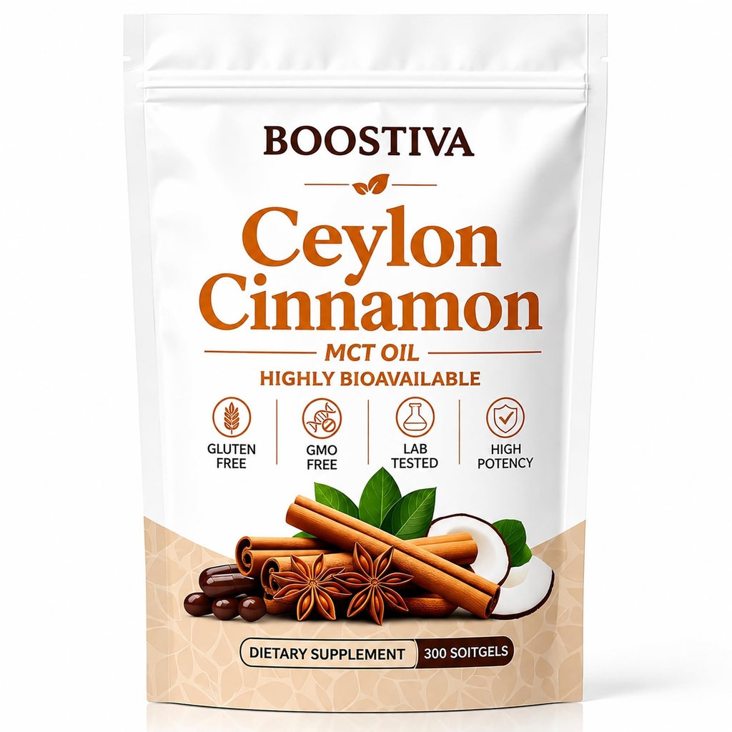Boostiva Ceylon Cinnamon - 300 Softgels, Premium Ceylon Cinnamon with MCT Oil, Highly Bioavailable, Non-GMO, Gluten Free, Vegan Capsules for Daily Wellness Support Supplement (1)
