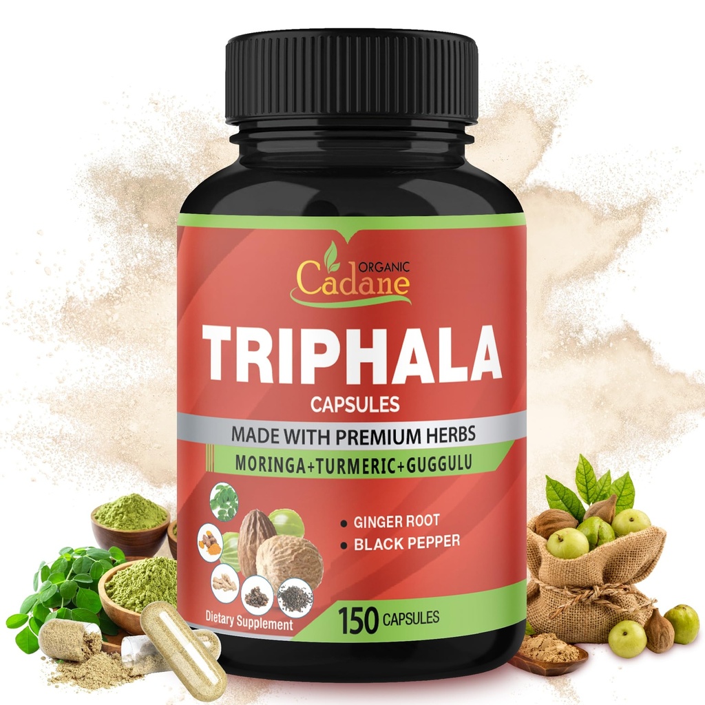 Organic Cadane Triphala Extract Capsules, 5 Months Supply with Turmeric, Guggulu, Ginger, Black Pepper, Moringa - Support Digestion Health & Immune System - 150Caps
