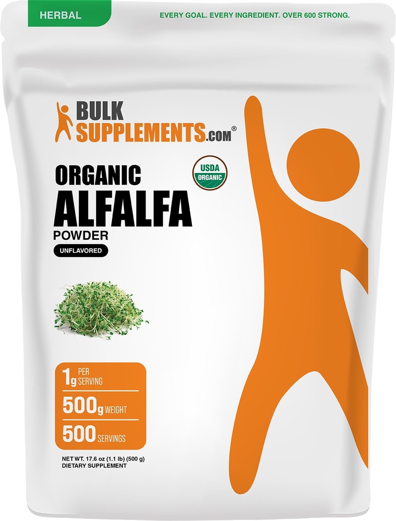 BulkSupplements.com Organic Alfalfa Grass Powder - Alfalfa Papildinājums, Green Superfood Powder - Bezmaksas Vegan & Gluten, 5g per Serving, 500g (1,1 lbs) (1. iepakojums)