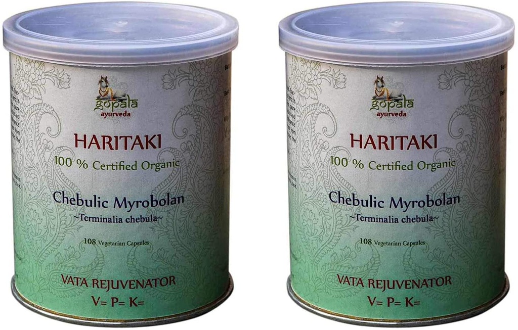 Gopala Ayurveda HARITAKI Capsules (USDA Certified Organic) Ayurvedic Herb Terminalia chebula - 108 Vcaps of 500mg Each (Pack of 2)