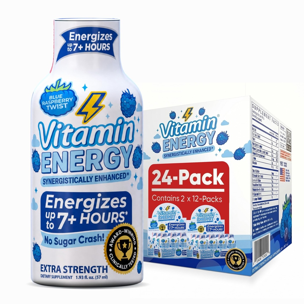 Vitamin Energy Blue Raspberry Twist Extra Strength Energy Shot, 24 Pack - Up to 7 Hrs, 260mg Natural Caffeine, Zero Sugar - Electrolytes + BCAAs, Hydration, B12 B6 Niacin, 1.93 fl oz, Keto Vegan