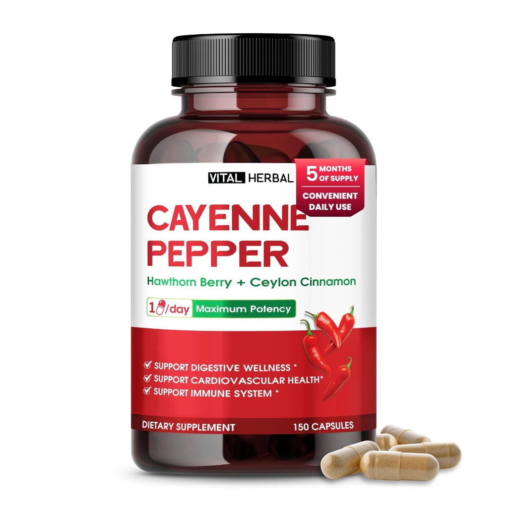 Vital Herbal Cayenne Pepper with Hawthorn Berry & Ceylon Cinnamon – Supports Digestion & Immune Health – 150 Capsules