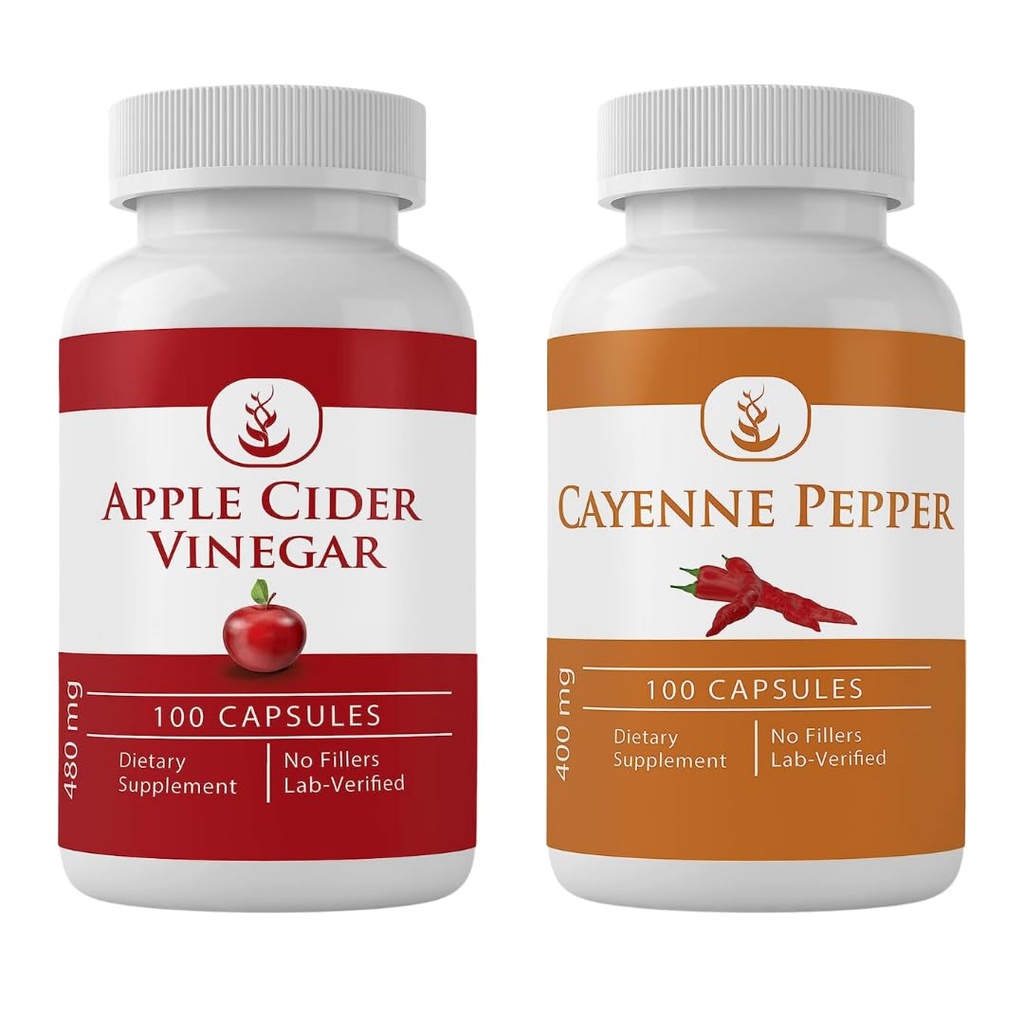 PURE ORIGINAL INGREDIENTS Cayenne Pepper & Apple Cider Vinegar Capsule Bundle (100 Capsules Each) No Additives or Fillers, Lab Verified