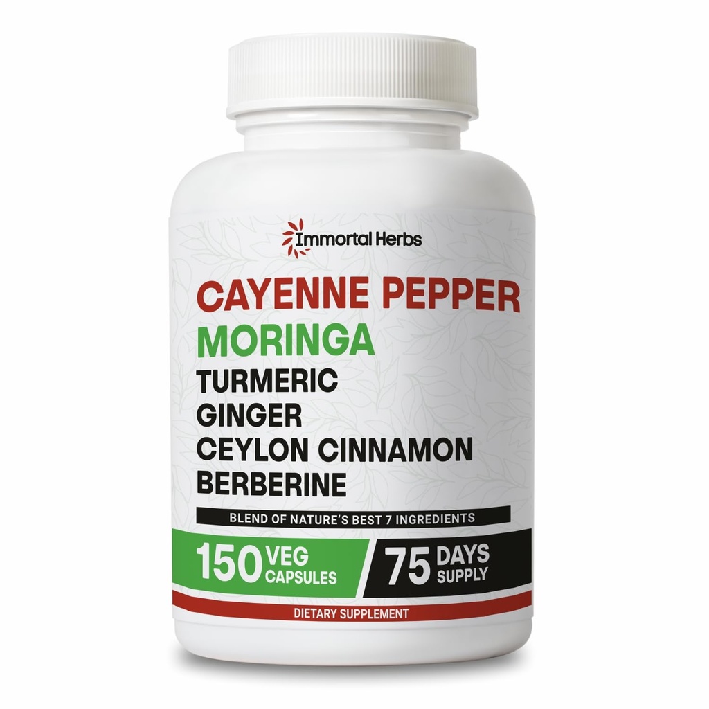 Cayenne Pepper Moringa Turmeric Ginger Capsules, 150 Pills, Extra Strength, Non-GMO & Gluten Free, Pure Berberine HCL and Ceylon Cinnamon Extract Powder