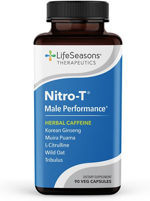 LifeSeasons Nitro-T - Vīriešu veiktspējas atbalsta papildinājums - Uzlabot izturību un enerģiju - Veicināt veselīgu asins cirkulāciju - L-citrullīns L-Teanīns Tribulus Ginger Kava un kofeīns - 90 kapsulas