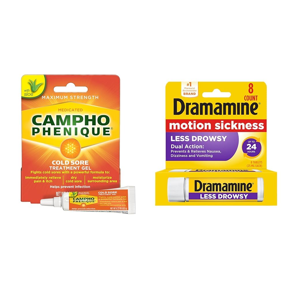 Campho-Phenique Cold Sore Treatment, 0.23 Oz and Dramamine Motion Sickness Relief Less Drowsey Formula, 8 Count