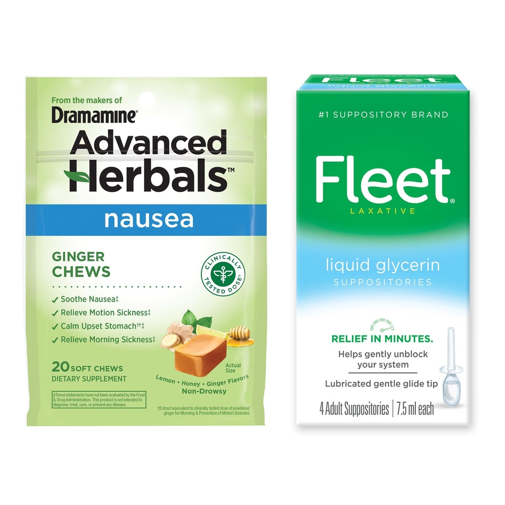 Dramamine Fleet + Advanced Herbals Digestive Convenience Bundle, Liquid Glycerin Suppositories 4 Count, Ginger Soft Chews 20 Count Liquid
