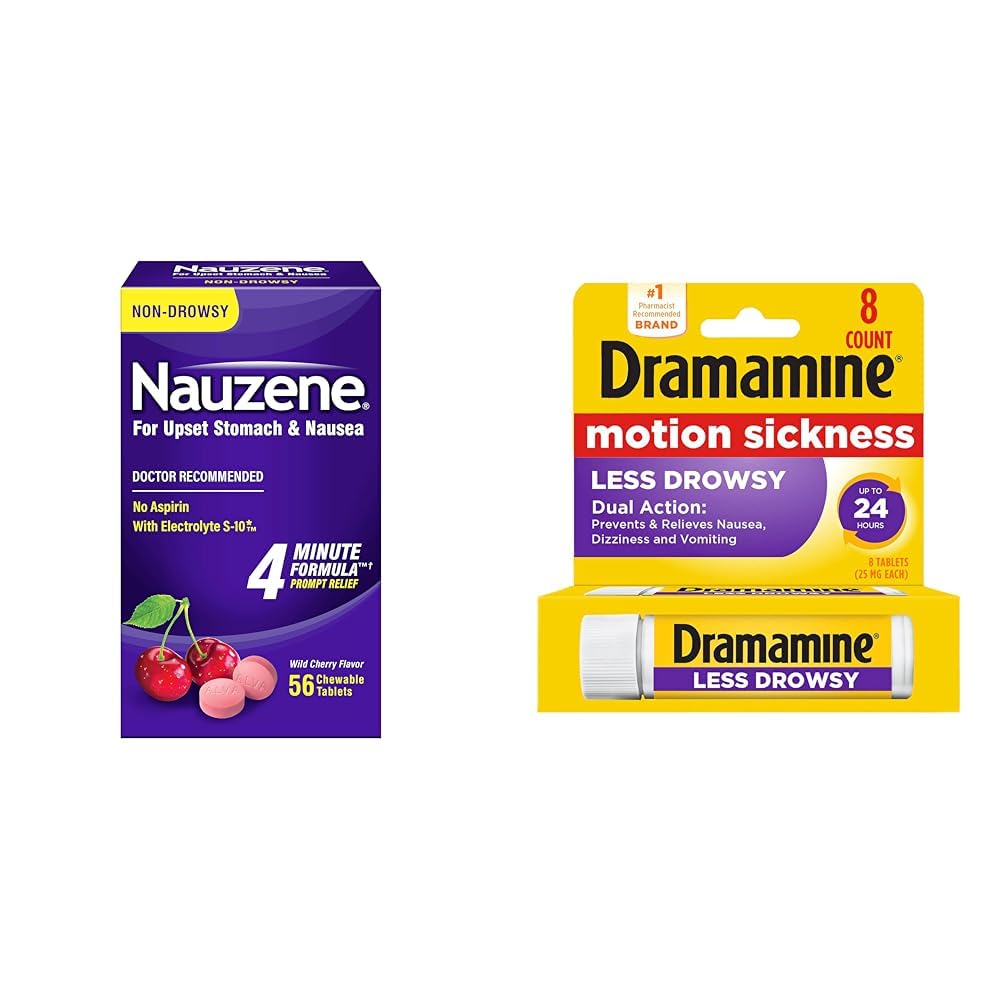 Nauzene Wild Cherry Chewable Tablets 56 Ct & Dramamine Motion Sickness Relief Less Drowsy 8 Ct