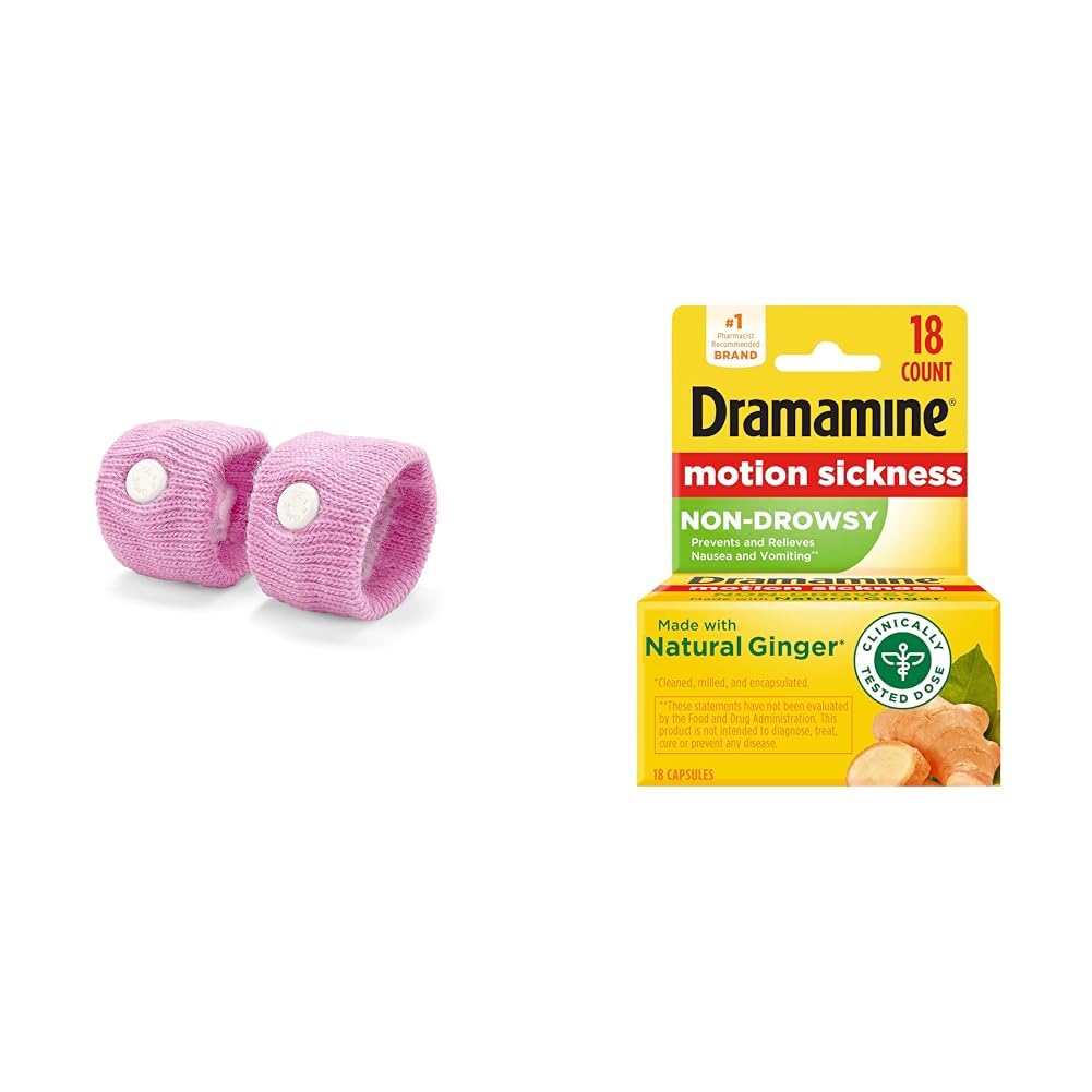 Sea-Band Anti-Nausea Acupressure Wristbands for Motion Sickness - 1 Pair & Dramamine Non-Drowsy Motion Sickness Relief with Natural Ginger - 18 Count
