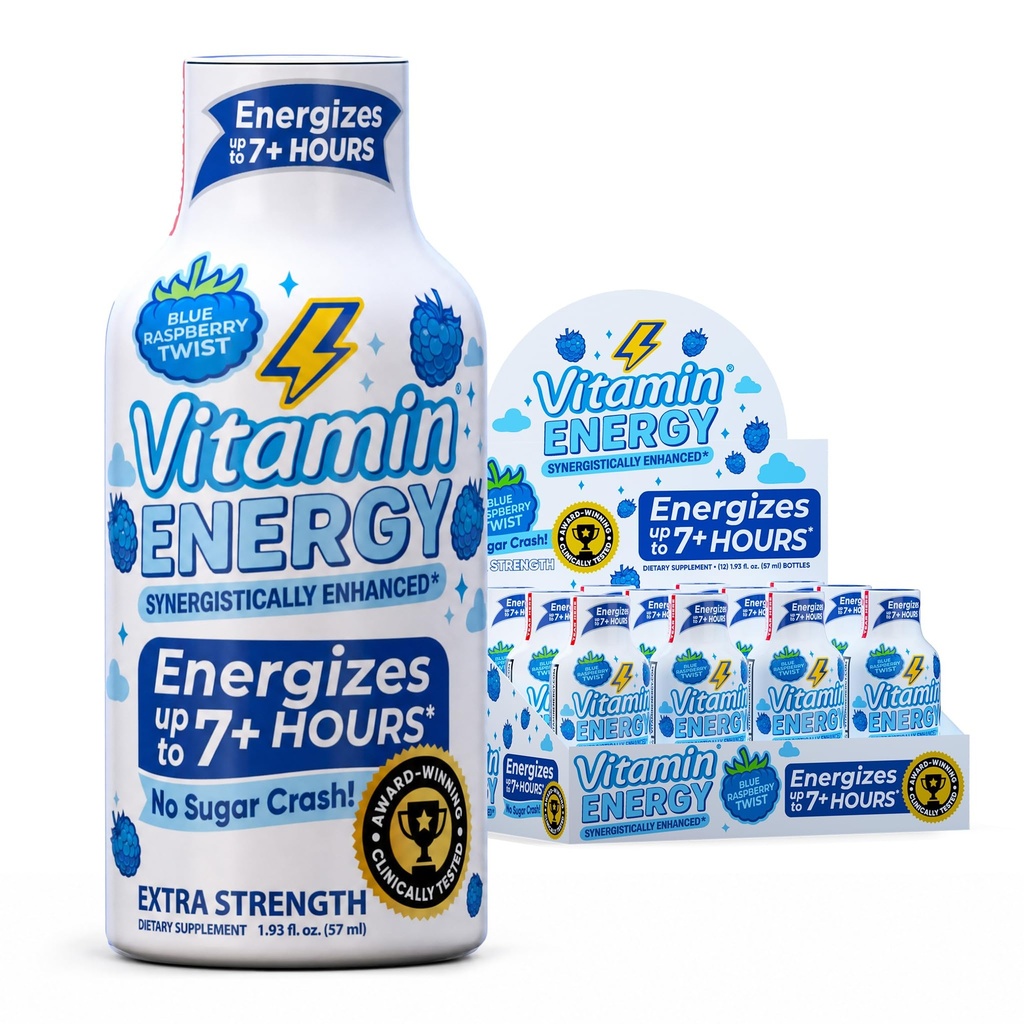Vitamin Energy Blue Raspberry Twist Extra Strength Energy Shot, 8 Pack - Up to 7 Hrs, 260mg Natural Caffeine, Zero Sugar - Electrolytes + BCAAs, Hydration, B12 B6 Niacin, 1.93 fl oz, Keto Vegan