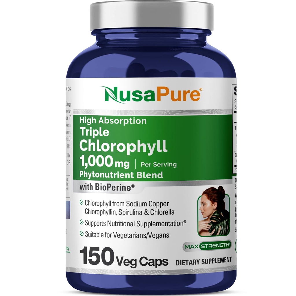 NusaPure augsta absorbcija Triple Chlorophyll 1000 mg 150 Veg Caps Piemērots veģetāriešiem un vegāniem, ne-ĢMO