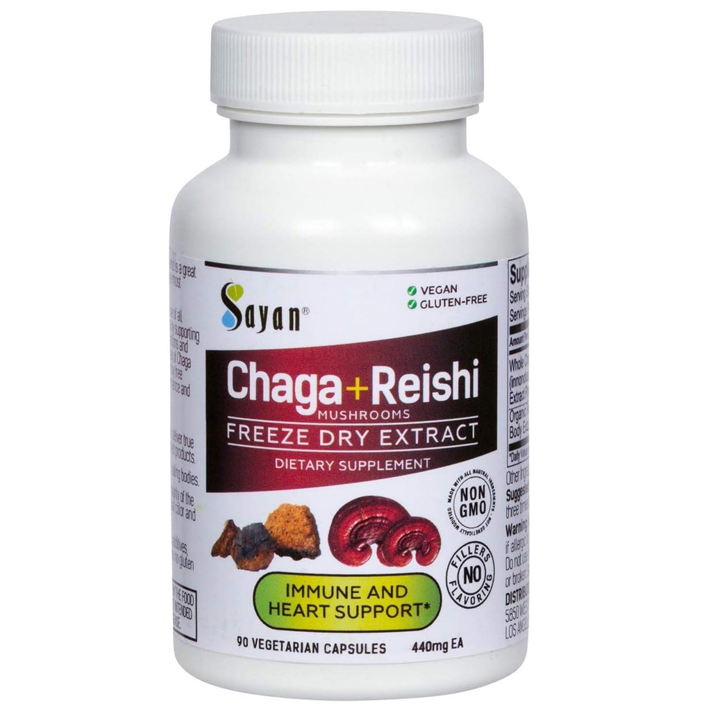 Sayan Siberian Chaga and Organic Reishi Sēņu ekstrakta papildinājums – 90 kapsulas/440mg Katrs - Savvaļas harvests, Antioksidants Blend for Imūnsistēmas atbalsts + Natural Energy Boost, Non-GMO, Gluten Free