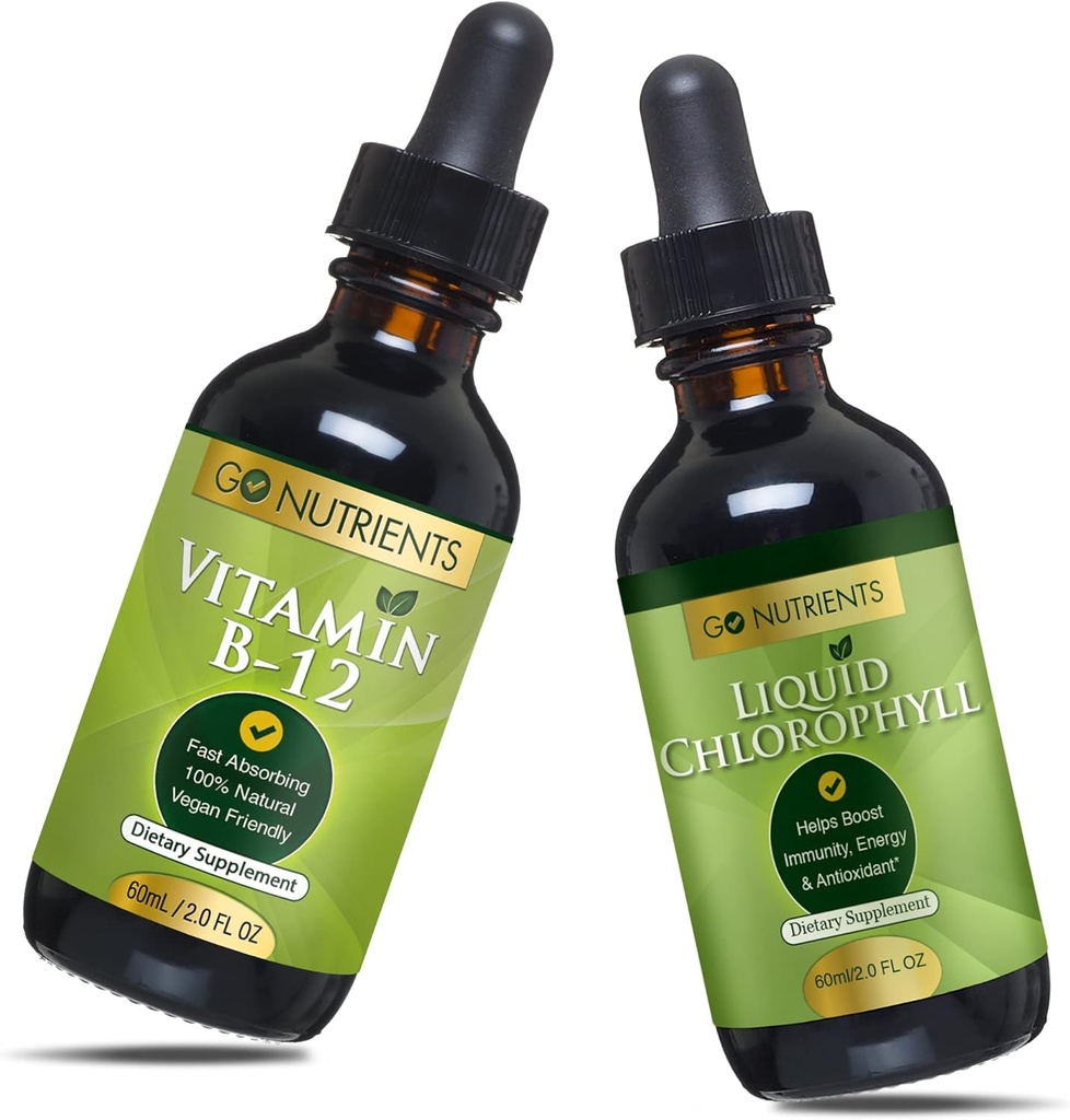 Go Nutrients B12 vitamīns 2 oz & šķidrais hlorofils 60 ml Bez ĢMO, vegana, draudzīga, bez glutēna, bez sojas, šķidra hlorofila Vegans Friendly B12 Pielikums zem mēles ar 3000 μg metilkobalamīna